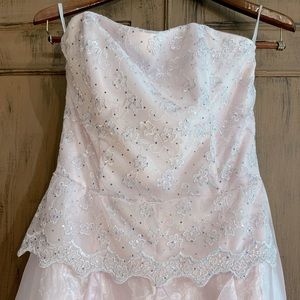 Stunning pale pink full length gown with silver embroidered detailing
